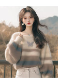 Autumn Fashion Style Sweater Korean Soft-Creative Languid Lazy Super-Good-Looking White Striped Print Sweater HZ1208