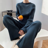 Autumn And Winter Solid Color Round Collar Open Fork Sweater Set Women's Loose Knitting Tops Broad Leg Pants Two Sets HZ1208