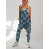 2025 Women's Check-Print Leisure Large Pocket Jumpsuit Wish Loose Back HZ1208