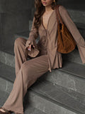 Fashion Casual Light And Thin Tight With Horn Sleeves Loose Waist Straight Trousers Knitting Set Spring And Autumn HZ1208